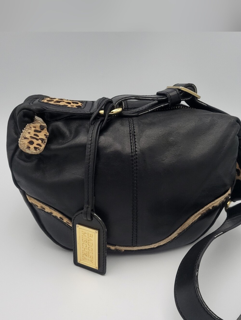 Badgley Mischka Black Leather Shoulder Bag with Leopard Accent